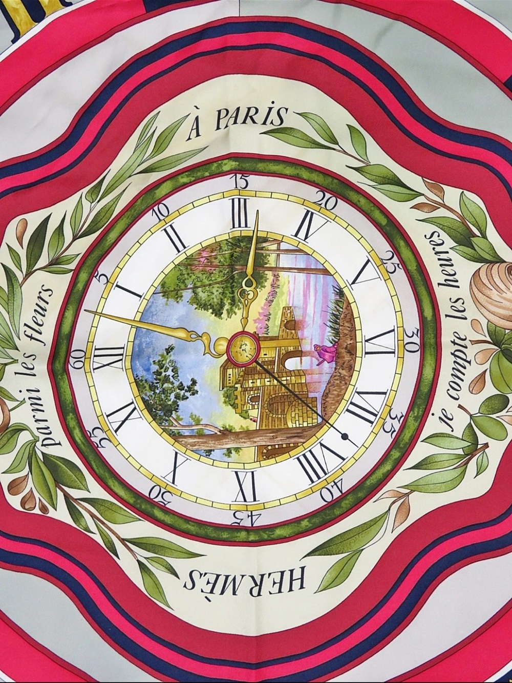 Hermès Navy, Red, Pink & Gold Clock Motif Silk Scarf - Picture 7 of 13